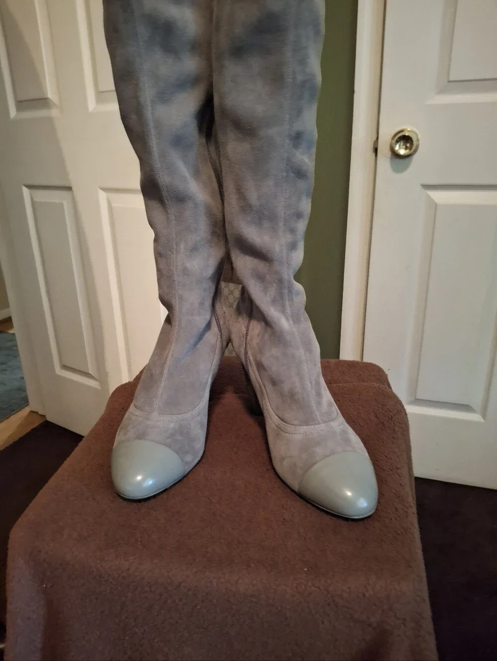 CHANEL Light Gray Suede Over-the-Knee Boots with Patent Toe Comes With Box.